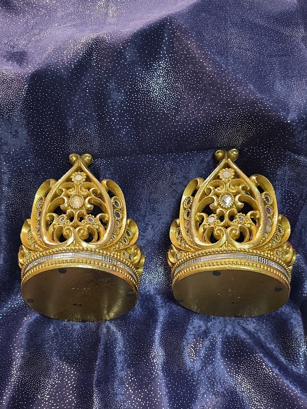 Elegant Huge Gold-Tone Decorative Tiara Candle Holder Pair